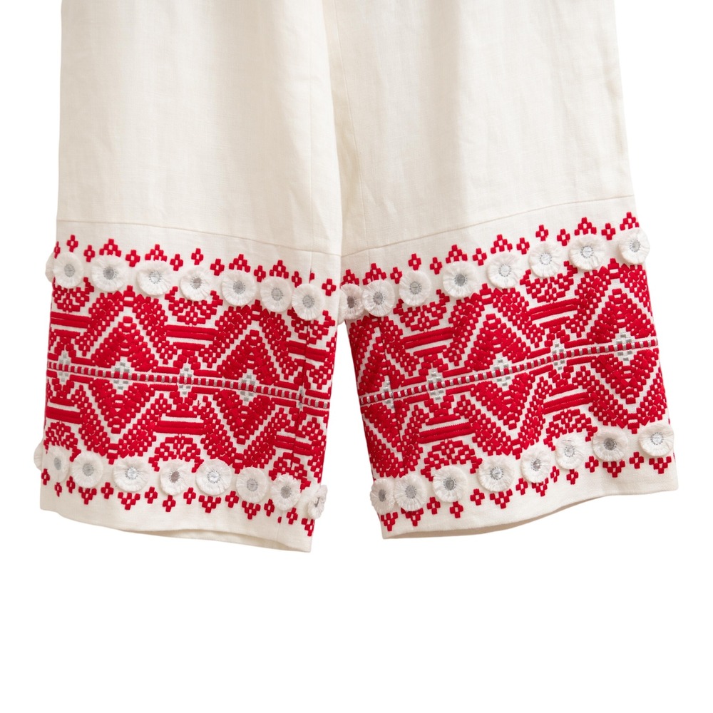 Alexis White Linen Wide Leg Pants Geometric Embroidered Artisan Chic Luxury Boho